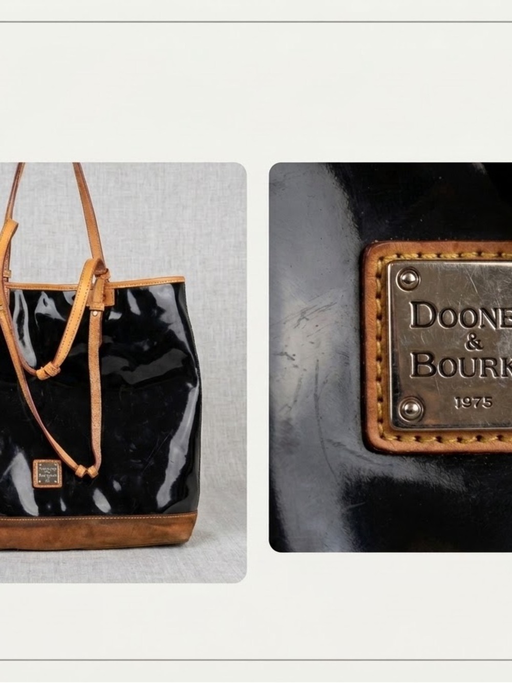 Dooney & Bourke Black Patent Tote with Brown Trim